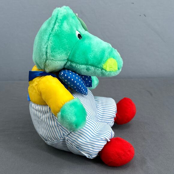 VTG 70s Alligator Crocodile Stuffed Animal 13" Green Blue Overalls Polka Dot Bow - Picture 3 of 16